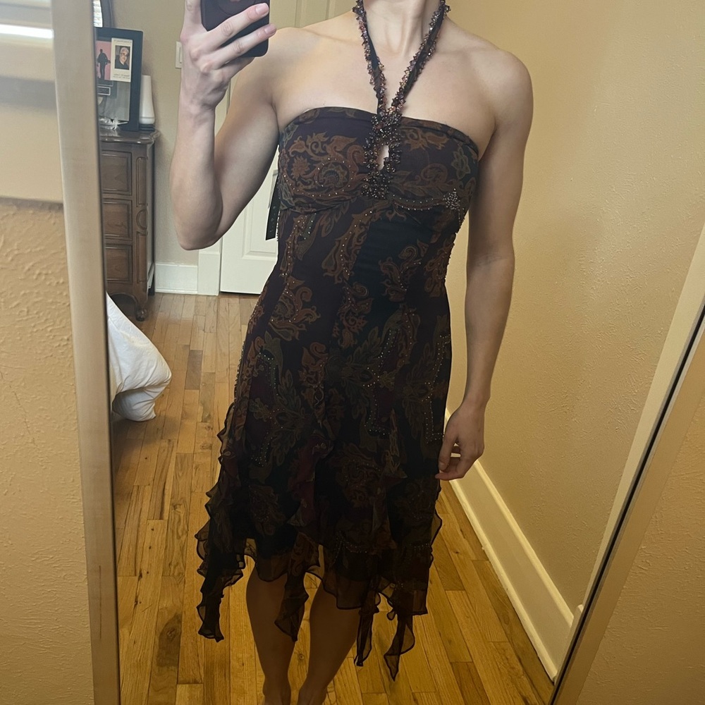 Elegant Beaded Haltet Multicolor Brown Dress